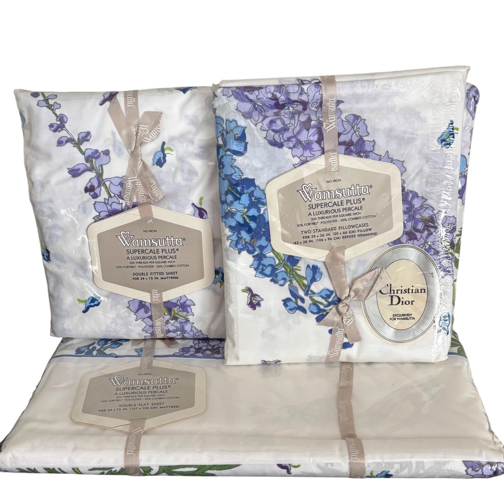 Vintage | Christian Dior | Wamsutta | Double Sheet Set | Floral Larkspur | NEW